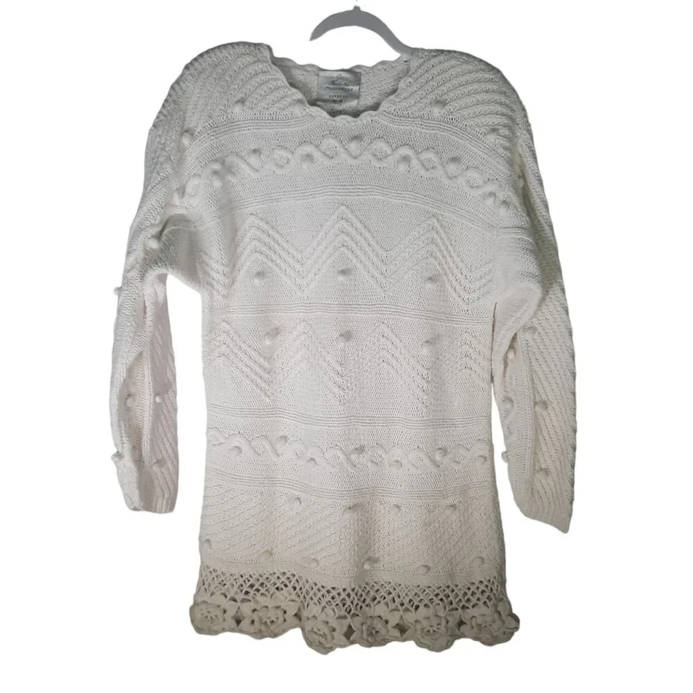 Vintage Express Hand Knit 1980s Floral Crochet Hem sweater - Picture 4 of 11